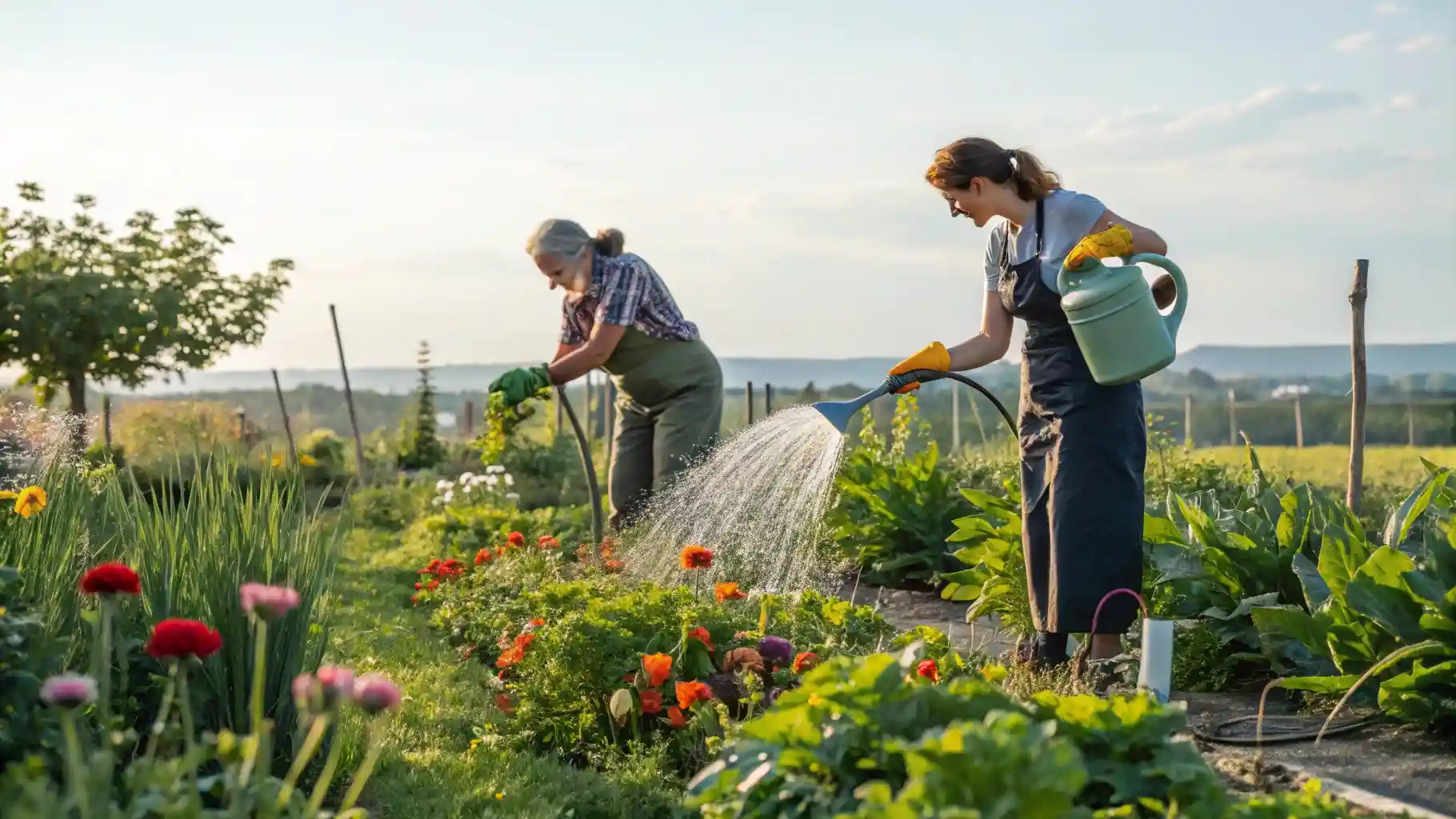 personas regando el huerto